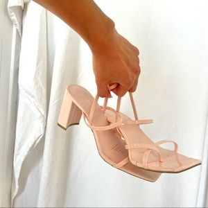 Baby pink square toe block heels